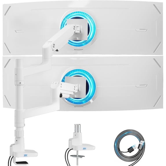 ARES WING Dual Monitor Arm with USB for 17"-49" Ultrawide Screens, Heavy Duty Vertical Gas Spring Dual Monitor Mount for Desk, Adjustable Stacking Double Monitor Stand, VESA 75x75 100x100, White