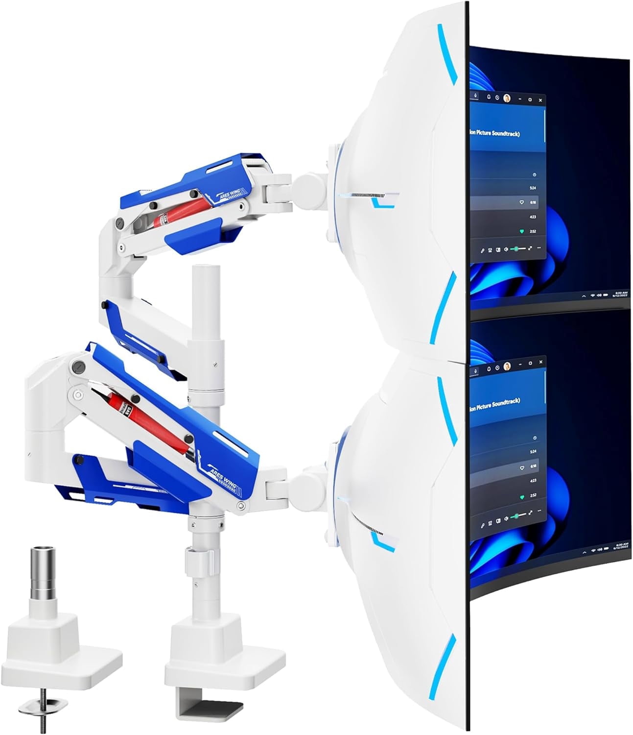 ARES WING Vertical Dual Monitor Mount - 24-57" Aluminum Heavy Duty Monitor Arms for 2 Monitors, Fully Adjustable Gas Spring Stacked Monitor Stand with 75/100/200 Vesa Mount, White