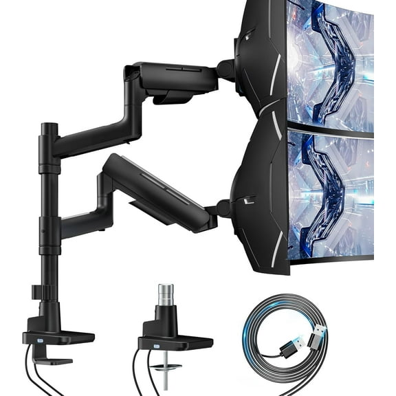 ARES WING Vertical Dual Monitor Mount With USB for 17-49 Inch Ultrawide Heavy Duty Curved Screen Computer Monitor Arm Gas Spring Black