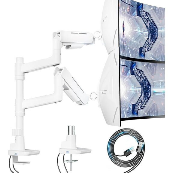 ARES WING Vertical Dual Monitor Mount With USB for 17-49 Inch Ultrawide Heavy Duty Curved Screen Computer Monitor Arm Gas Spring White