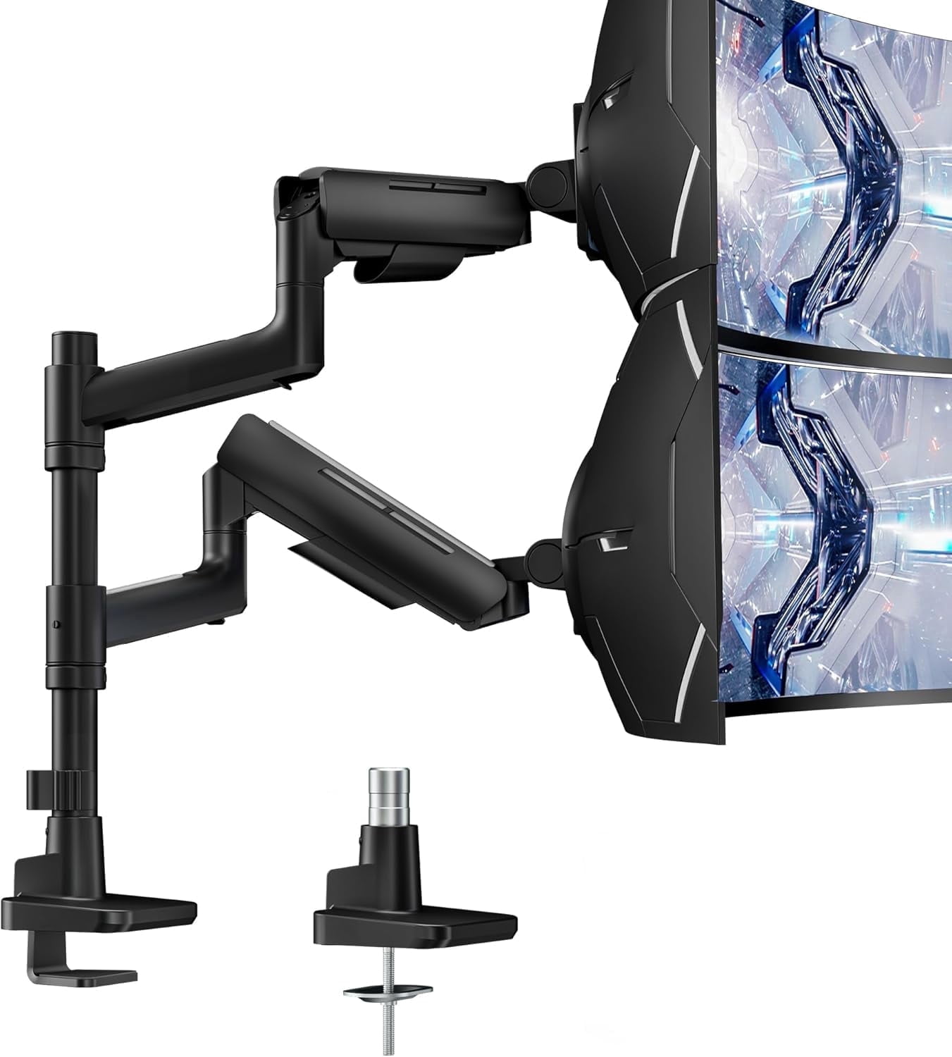 ARES WING Dual Monitor Mount for 17–49" Ultrawide Screens, Heavy Duty Gas Spring Monitor Arm Desk Mount, Height Adjustable Dual Monitor Stand with Clamp & Grommet, VESA 75x75 100x100, Black
