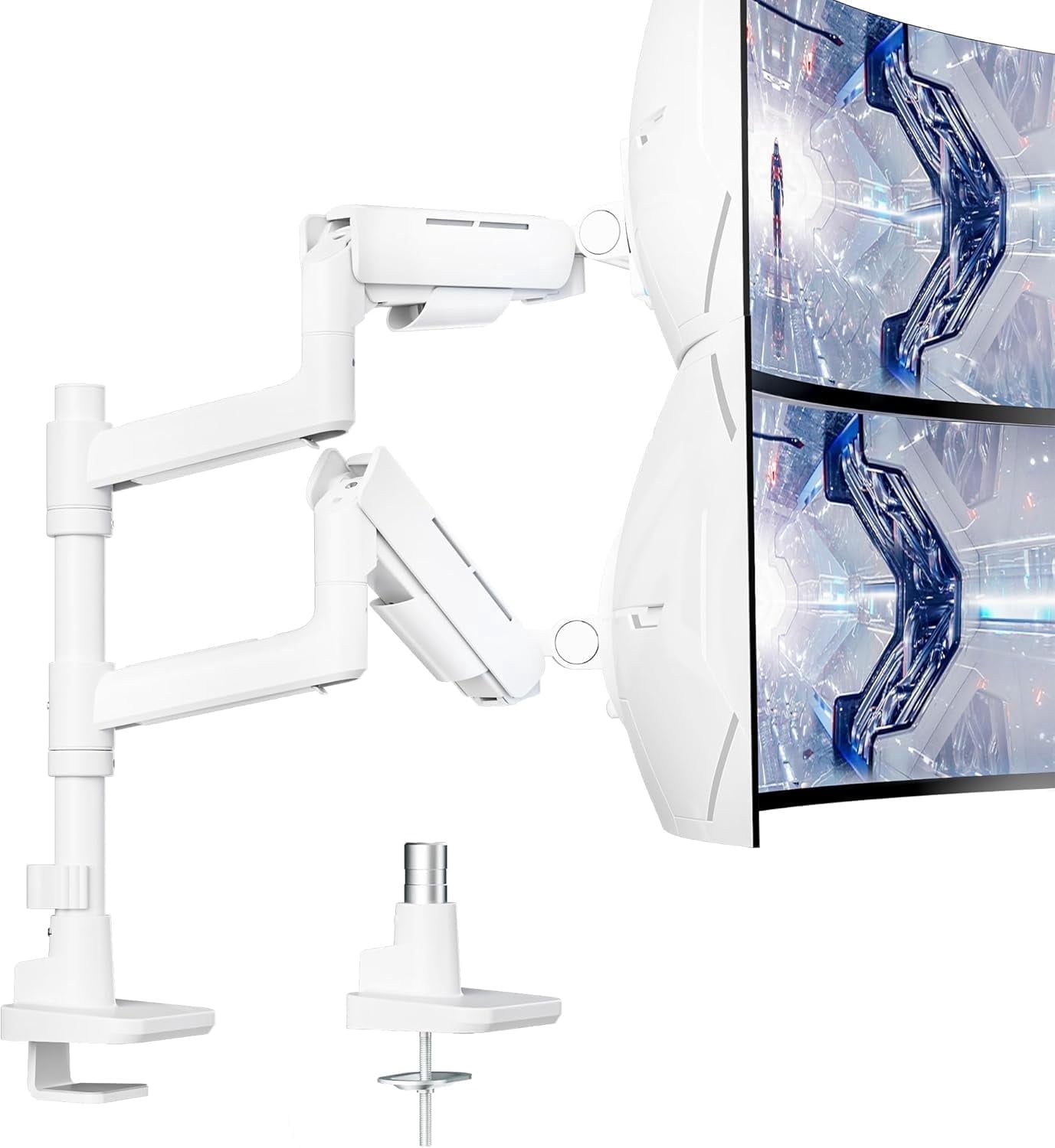 ARES WING Dual Monitor Mount for 17–49" Ultrawide Screens, Heavy Duty Gas Spring Monitor Arm Desk Mount, Height Adjustable Dual Monitor Stand with Clamp & Grommet, VESA 75x75 100x100, White