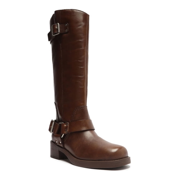 AREZZO Womens Brown Buckle Accent Padded Clara Square Toe Block Heel Buckle Leather Moto 5.5 B