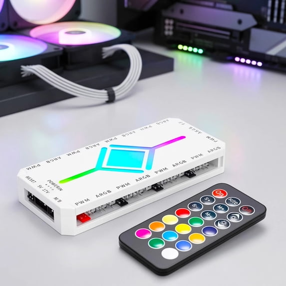 ARGB Controller 5V 3Pin PWM Fan Hub with Wireless Remote Sync – PC RGB Lighting Control Module for Addressable LED Fans, Desktop Computer Case System White