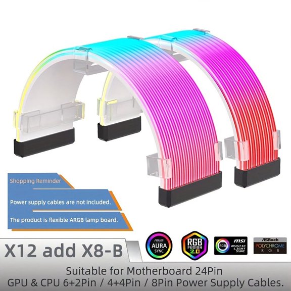 ARGB PSU Cable Extension Kit Black, 24Pin & 8Pin RGB Power Supply Cable Sleeves for Gaming PC, Flexible Neon Light Design, Motherboard & GPU Sync Compatible