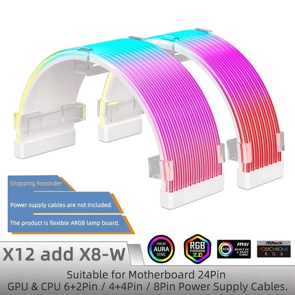 ARGB PSU Cable Extension Kit White, 24Pin & 8Pin RGB Power Supply Cable Sleeves for Gaming PC, Flexible Neon Light Design, Motherboard & GPU Sync Compatible