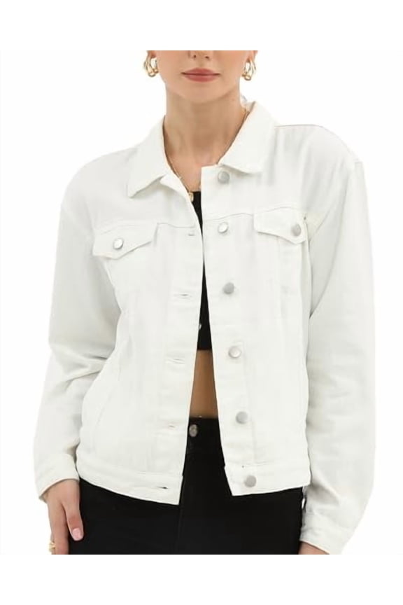 DENIM JACKET FOR WOMEN BUTTON UP LONG SLEEVE WITH POCKETS WHITE M