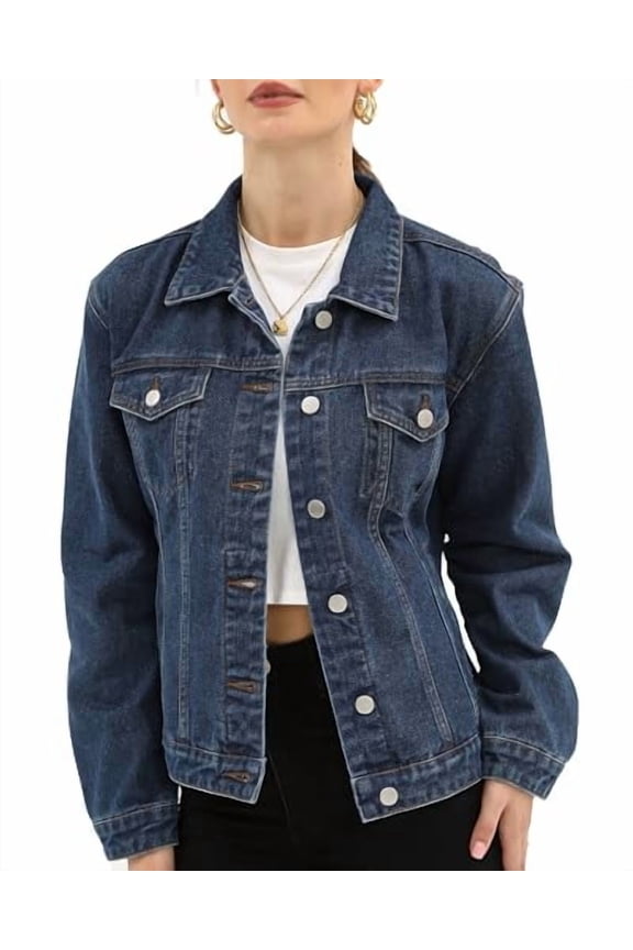 DENIM JACKET WOMEN BUTTON UP LONG SLEEVE POCKETS SIZE XL DARK BLUE