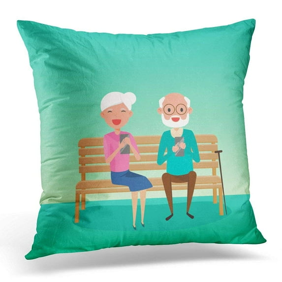 ARHOME Adult Elderly Couple Happy Grandparents Day Using Smart Phone Sitting on Bench in The Park Cartoon Age Pillow Case Pillow Cover 20x20 inch
