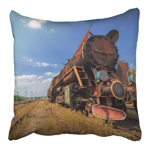 ARHOME Antique Vintage Old Rusty Steam Train Under Sunny Blue Sky Cemetery Classic Pillowcase Cushion Cover 16x16 inch