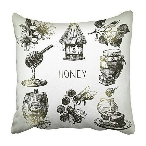 ARHOME Bee Honey Hand Drawn Vintage Illustrations Hive Flower Honeycomb Nature Linden Pillowcase Cushion Cover 16x16 inch