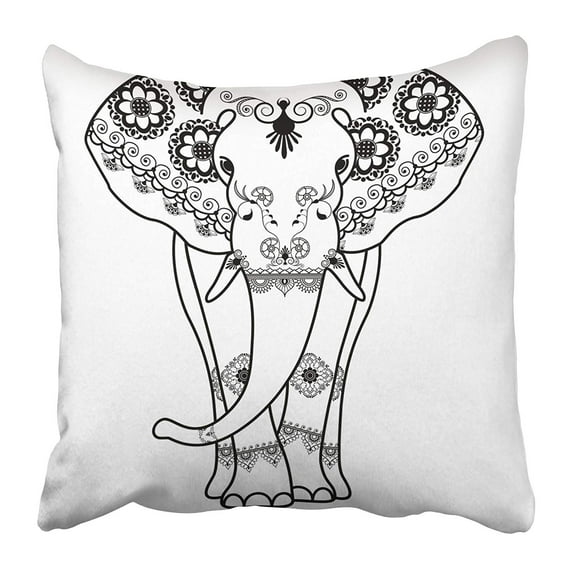 ARHOME Black Drawing Mehndi Tattoo Elephant Decorated in Style White Floral Animal Pillow Case Cushion Cover 16x16 inch