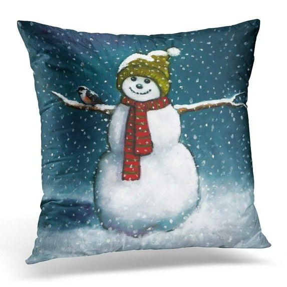 ARHOME Blue Christmas Oil Pastel Painting of Snowman with Chickadee Bird Pillow Case Pillow Cover 20x20 inch