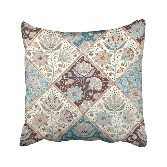 ARHOME Blue Persian Floral Pattern Vintage with Flowers and Leaves Rhombus Patchwork Brown Pillow Case Pillow Cover 20x20 inch Throw Pillow Covers