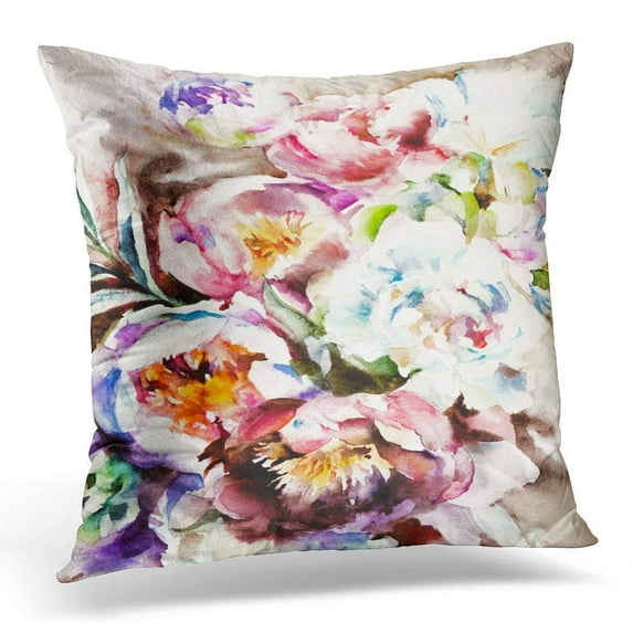 ARHOME Brown Abstract Beautiful White and Pink Peonies Bouquet on Dark Watercolor Colorful Painting Throw Pillow Case Pillow Cover Sofa Home Decor 16x16 Inches