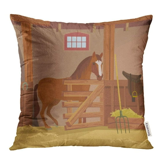 ARHOME Brown Stable Horse Farm Flat Cartoon Stall Animal Breed Bridle Care Cattle Club Pillowcase Cushion Cover 16x16 inch