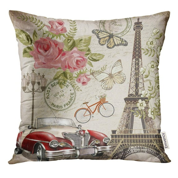 ARHOME Car Paris Vintage Flower Collage Retro 1950S Pillow Case 16x16 Inches Pillowcase