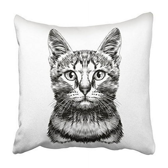 ARHOME Cat Spotted Striped Head Symmetrical Sketch Graphics Black and White Drawing Pillowcase Cushion Cover 20x20 inch