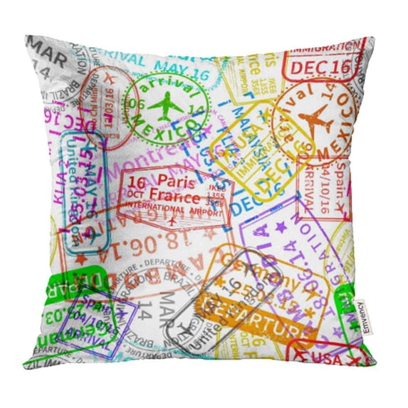 ARHOME City Many Bright Colorful Immigration Stamps on White Airplane Airport Arrival Pillow Case Pillow Cover 20x20 inch Throw Pillow Covers
