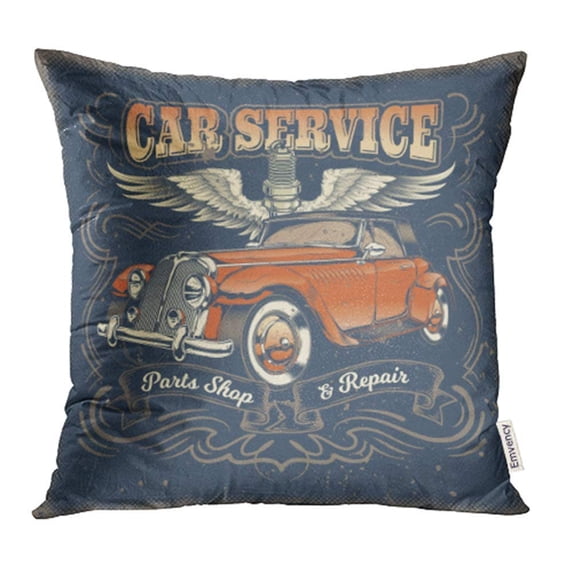 ARHOME Classic Vintage Red Retro Car in Engraving Style Service Center Spare Parts Pillowcase Cushion Cover 20x20 inch