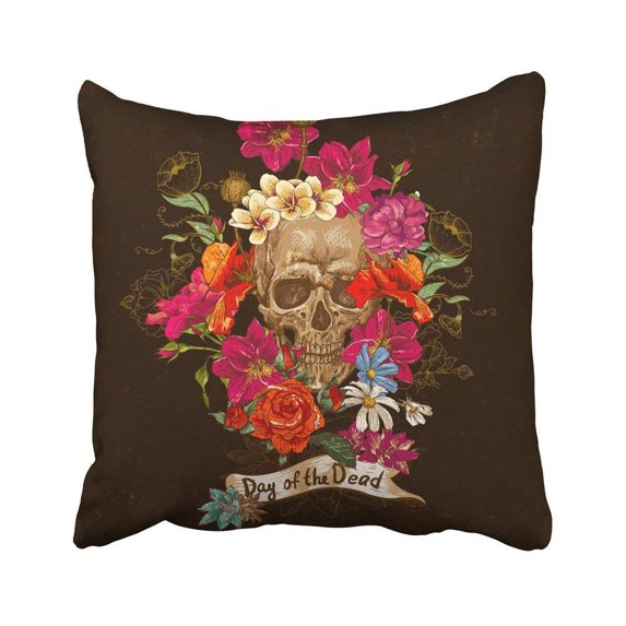 ARHOME Colorful Day Skull Flowers Red Tattoo Dead Mexican Rock Roll Vintage Folk Pillowcase Cushion Cases 16x16 inch