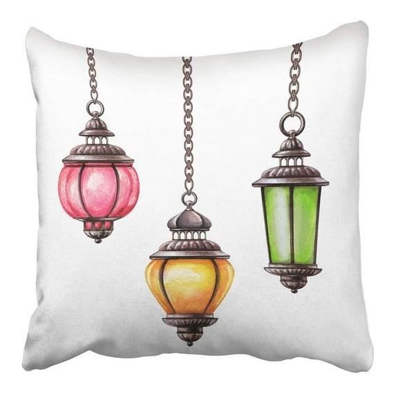 ARHOME Colorful Lamp Watercolor Hanging Oriental Lanterns White Clip Eid Vintage Light Pillowcase Cushion Cover 20x20 inch