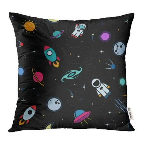 ARHOME Flat Space Cute with Astronaut Spaceship Rocket Moon Black Hole Stars in Outer Pillowcase Cushion Cover 18x18 inch