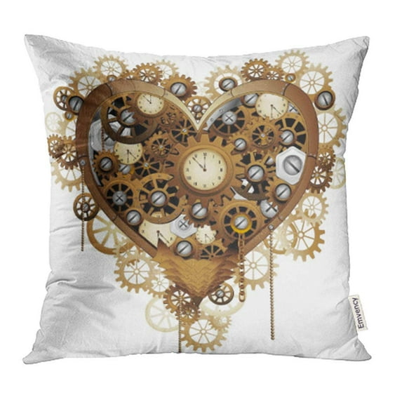 ARHOME Gears Steampunk Heart Love Clock Valentine Watch Mechanism Bolts Chains Copper. Pillow Case Pillow Cover 20x20 inch Throw Pillow Covers