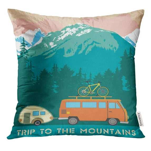 ARHOME Green National Retro Trips to The Mountains Trailer with and Bike on of Landscape Park Pillow Case 16x16 Inches Pillowcase