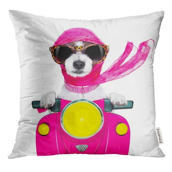 ARHOME Moped Motorcycle Diva Lady Fancy Dog Driving Motorbike with Sunglasses White Animal Pillow Case 16x16 Inches Pillowcase