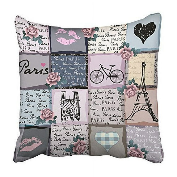 ARHOME Pattern Collage in Retro Style with Original Inscriptions Word of Paris Pillowcase Cushion Cover 16x16 inch