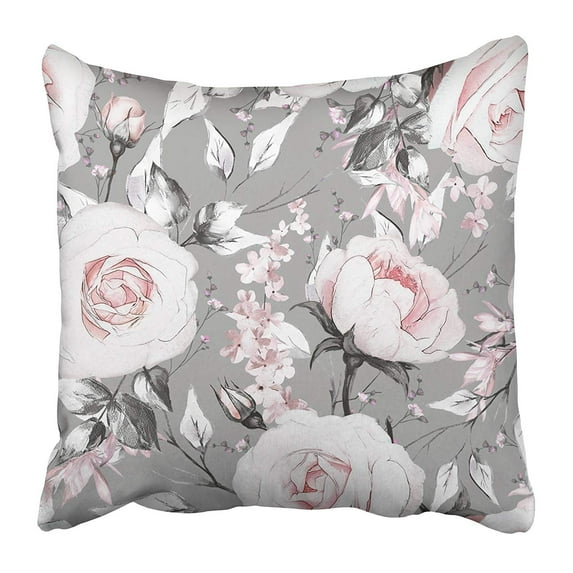 ARHOME Pink Flowers and Leaves on Gray Oil Painting Canvas Floral Pattern Rose Pillow Case Cushion Cover 20x20 inch