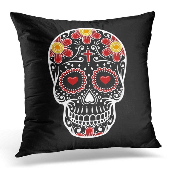 ARHOME Red Celebration Colorful Bone Skull Sugar Flower Tattoo Pink Calavera White Cross Pillow Case Cushion Cover 18x18 Inches