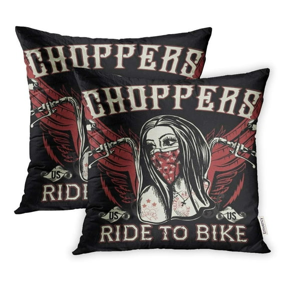 ARHOME Skull Tattoo Motorcycle Biker Girl Black White Club Pillowcase Cushion Cover 16x16 inch, Set of 2