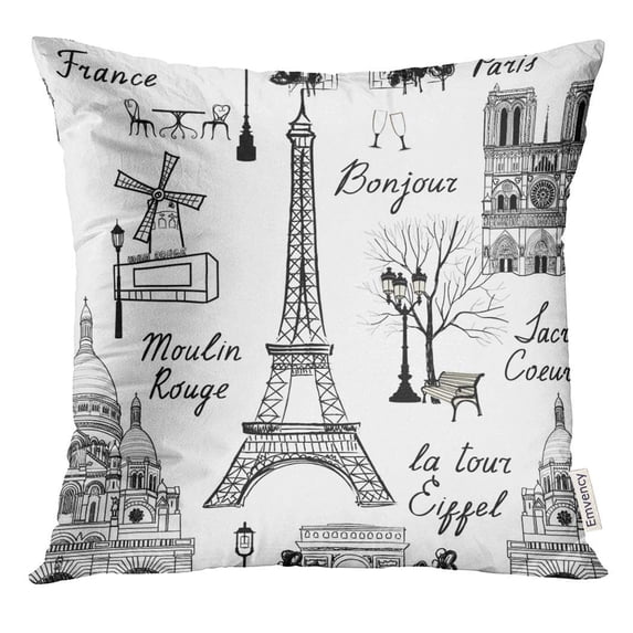 ARHOME Travel Paris Vacation in Europe to Visit Famous Places of France Landmark Tiled Grunge Pattern Pillow Case 20x20 Inches Pillowcase