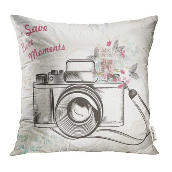 ARHOME Watercolor Photography Vintage Camera Flowers Butterflies Save Best Moments Pillowcase Cushion Cover 18x18 inch