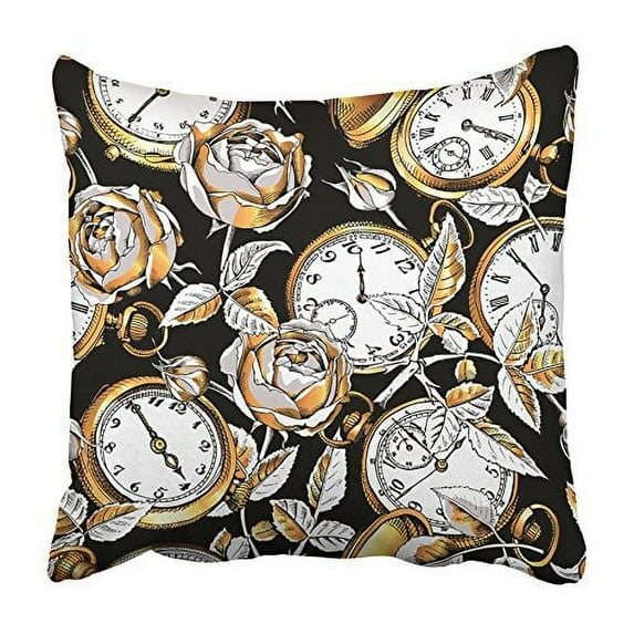 ARHOME Yellow Watch with of Gold Vintage Pocket Watches and Rose Flowers on Black Pillowcase Cushion Cover 20x20 inch