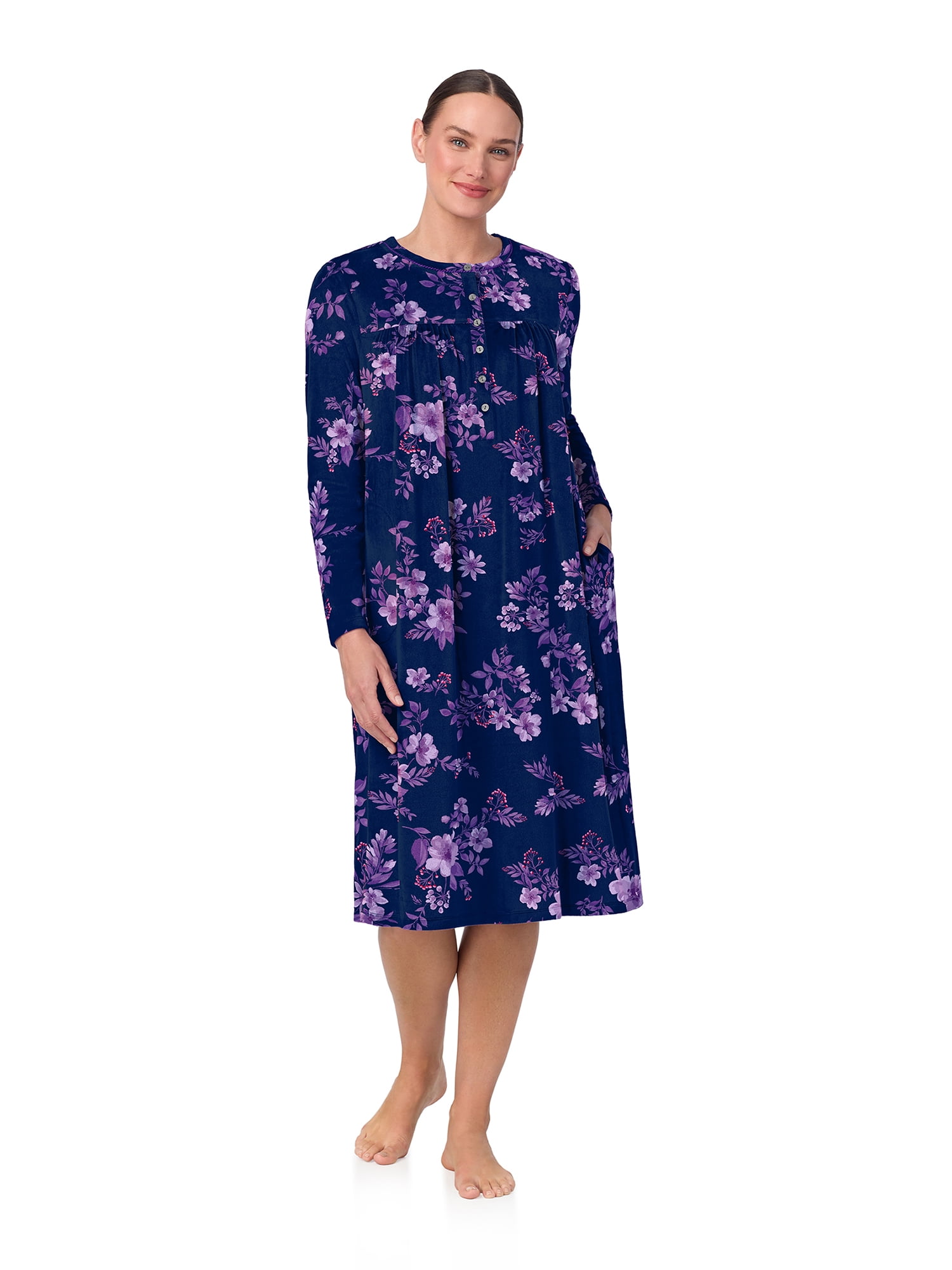 Aria Women’s Long Sleeve Stretch Velour 44" Sleepwear Nightgown, Sizes XS-5X