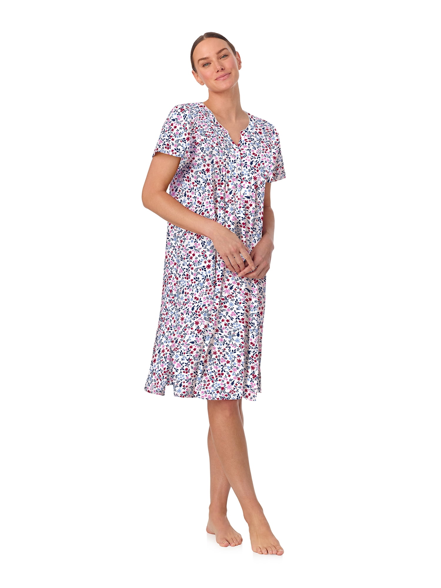 Aria Women’s Short Sleeve Split Neck Brushed Jersey Nightgown, Sizes XS-5X