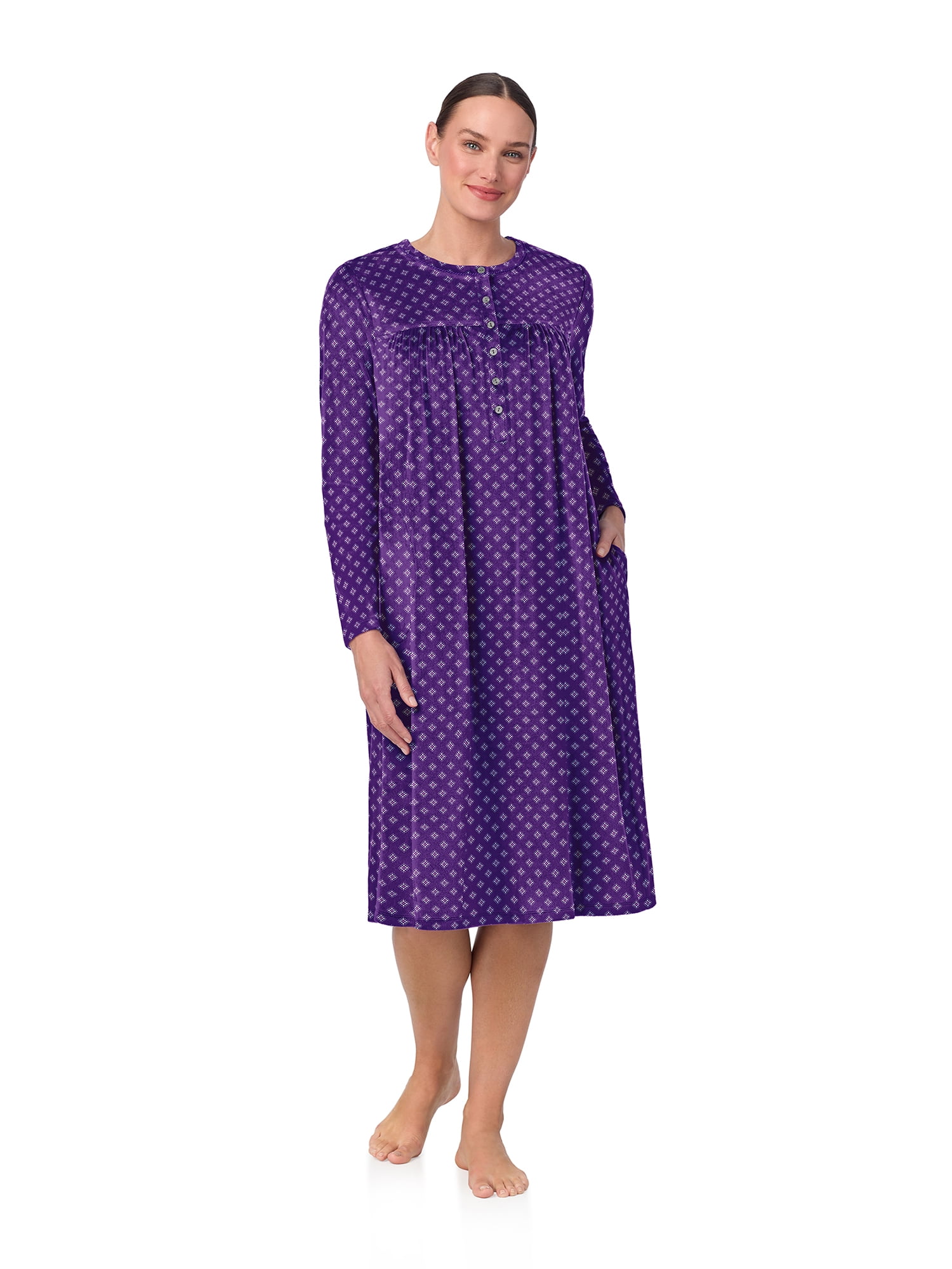 Aria Women’s Long Sleeve Stretch Velour 44" Sleepwear Nightgown, Sizes XS-5X