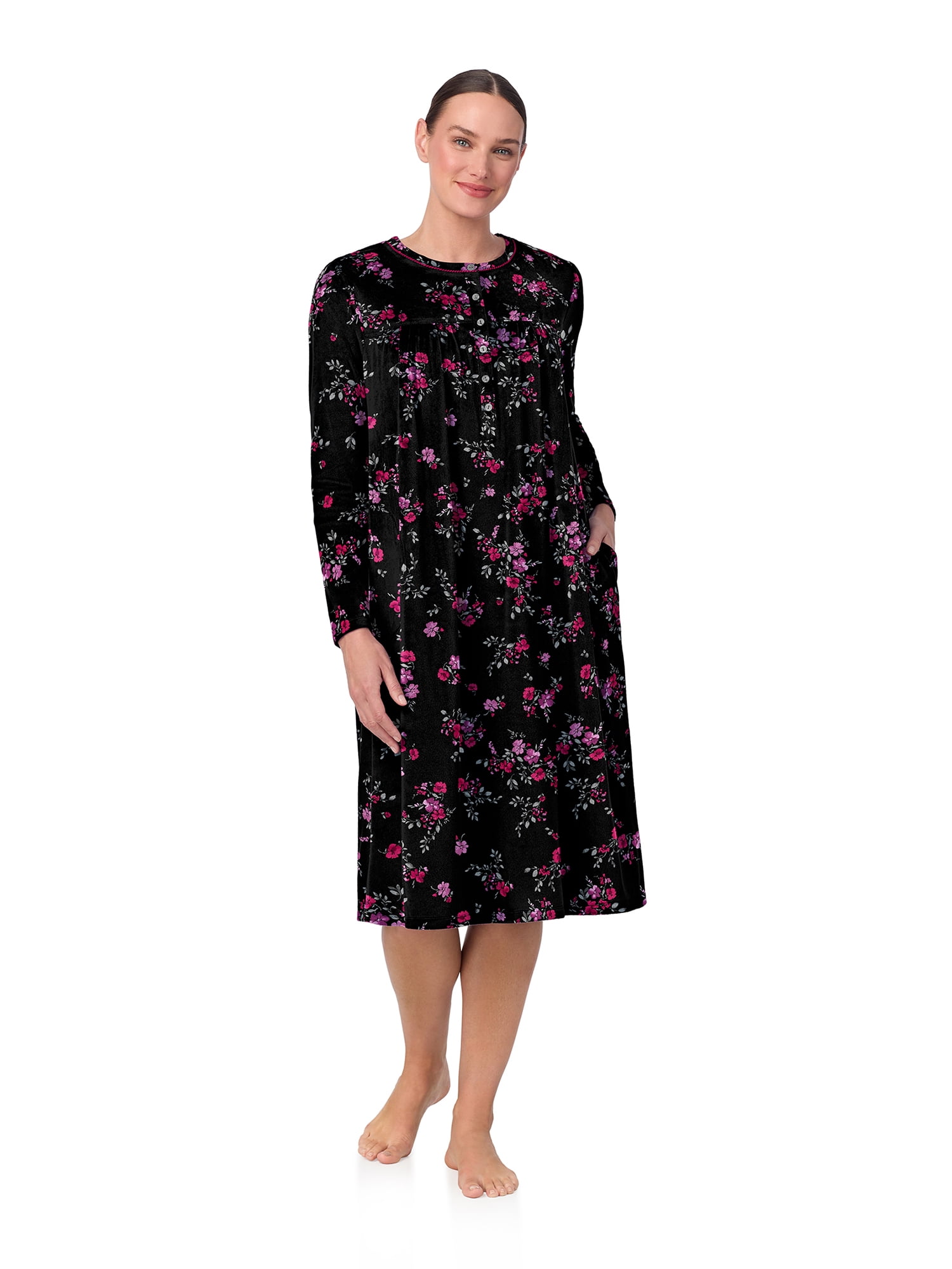 Women’s Long Sleeve Stretch Velour 44" Sleepwear Nightgown, Sizes XS-5X