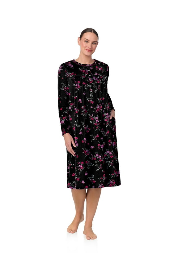 Women’s Long Sleeve Stretch Velour 44" Sleepwear Nightgown, Sizes XS-5X