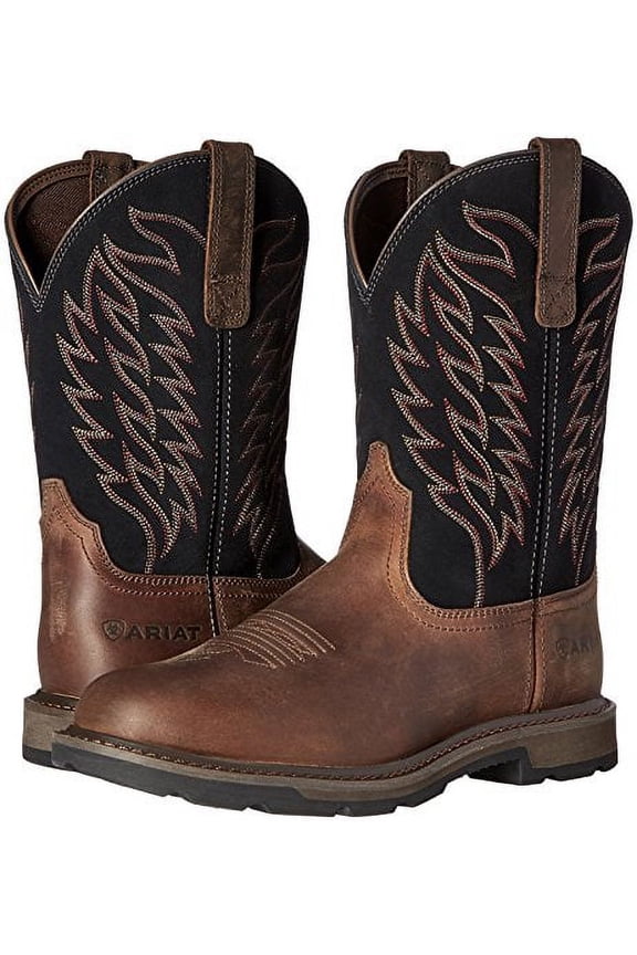 10014238: Men's Ariat Groundbreaker Round Toe Work Boot Safety Calf Work Boots, Distressed Brown