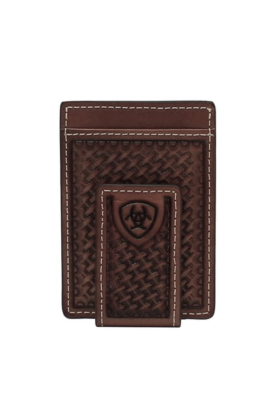 Men's Basketweave Embossed Leather Money Clip Wallet Y101