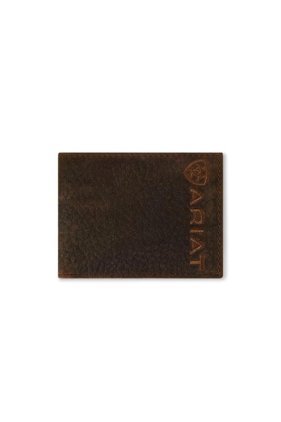 Mens Bull Hide Leather Bifold Wallet with Embroidered Logo, Dark Brown A101
