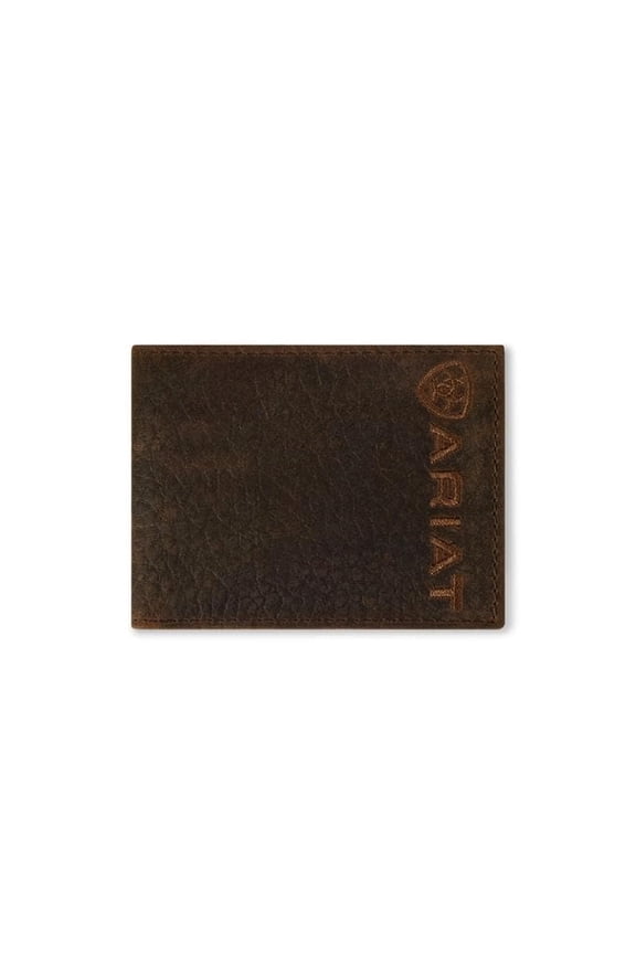 Mens Bull Hide Leather Bifold Wallet with Embroidered Logo, Dark Brown Y101