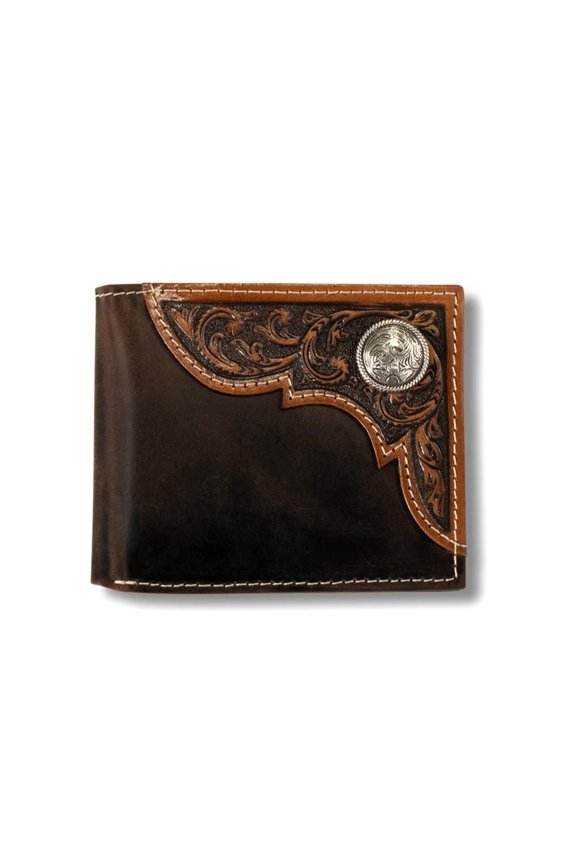 Mens Distressed Leather Bifold Wallet with Tooled Corner Overlay and Silver Concho A101