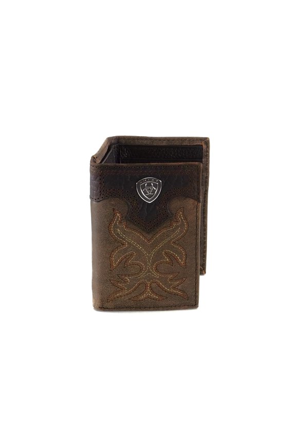 Men's Distressed Leather Trifold Wallet with Shield Concho, Multiple Card Slots, Clear ID Window, Medium Brown A101