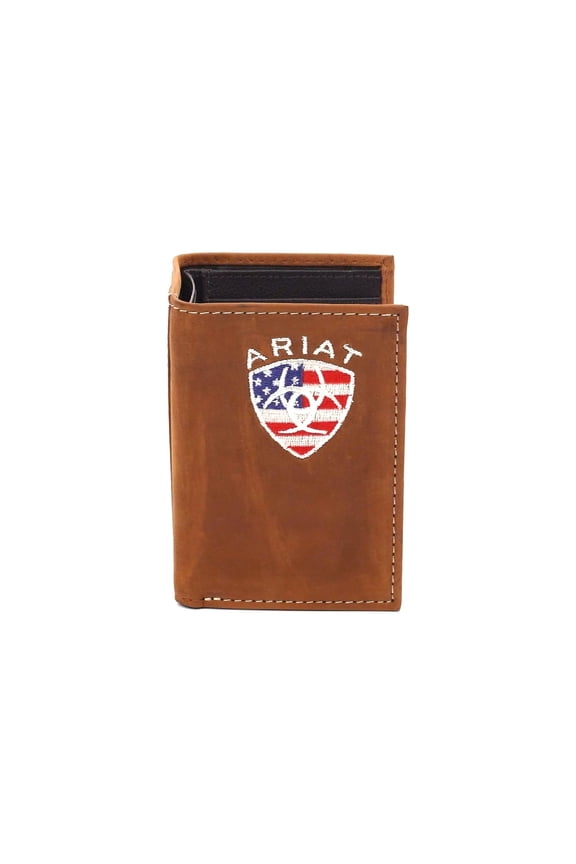 Men's Leather Trifold Wallet with American Flag Shield Embroidery A101