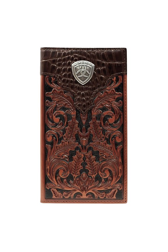Mens Tooled Oak Front & Gator Print Top Shield Leather Rodeo Wallet A101